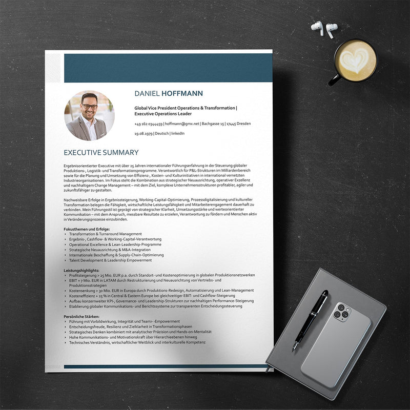 Executive Summary für Manager: eine Seite mit Führungserfahrung, Erfolgen und Leistungshighlights