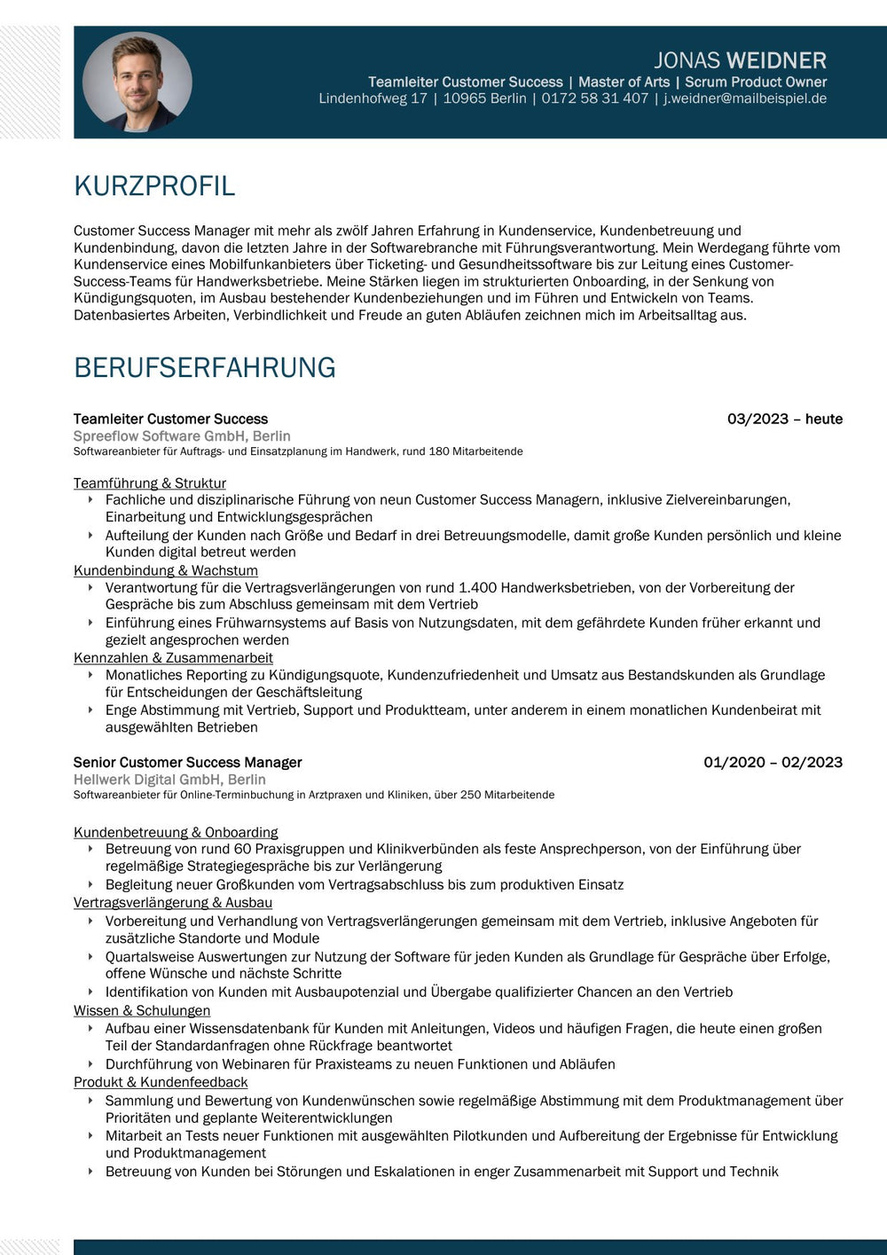 Arbeitsbeispiel einer Bewerbung als Teamleiter Customer Success in Berlin (fiktive Person), Seite 3: Profil und Berufserfahrung