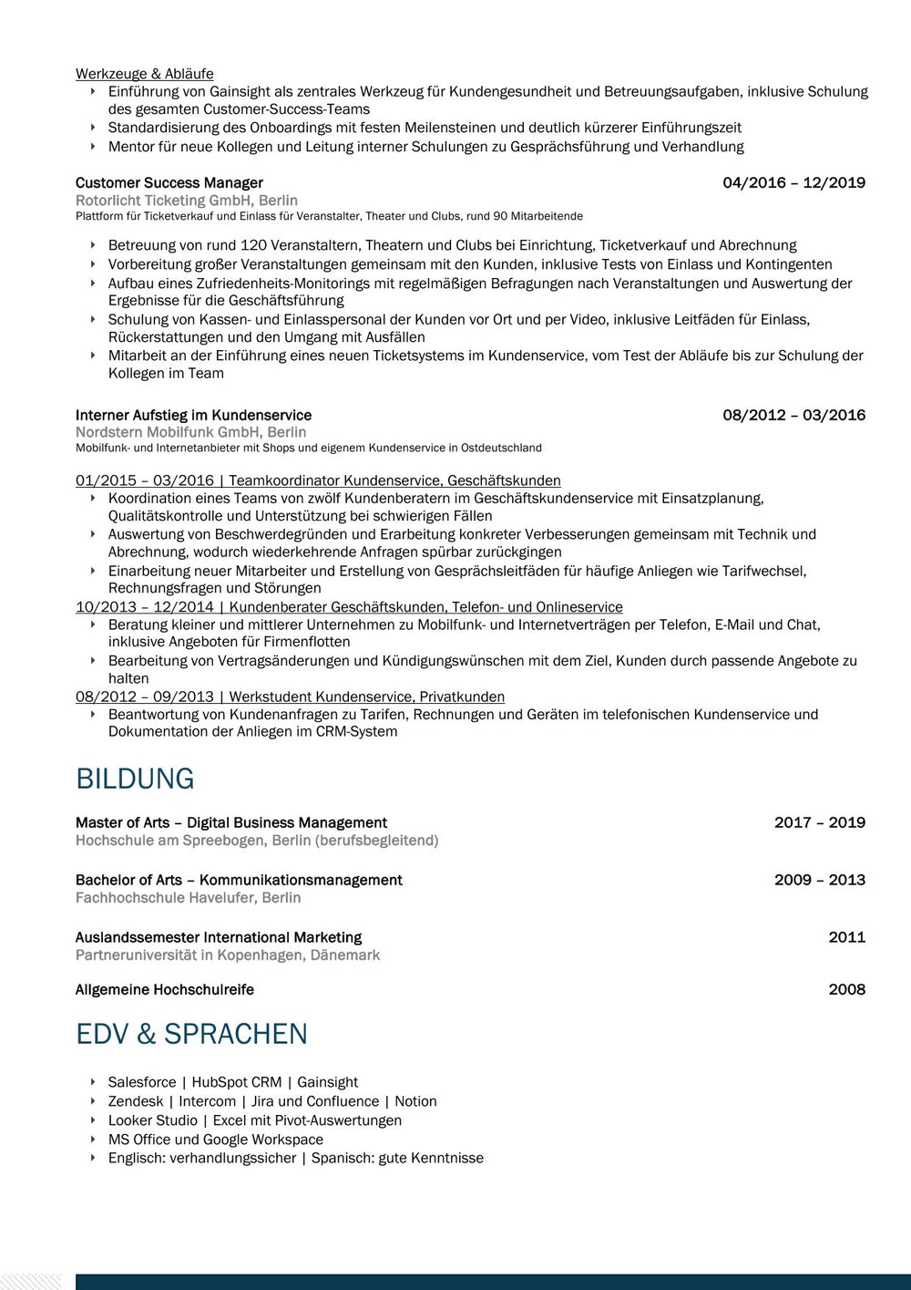 Arbeitsbeispiel einer Bewerbung als Teamleiter Customer Success in Berlin (fiktive Person), Seite 4: Berufserfahrung, Ausbildung und EDV