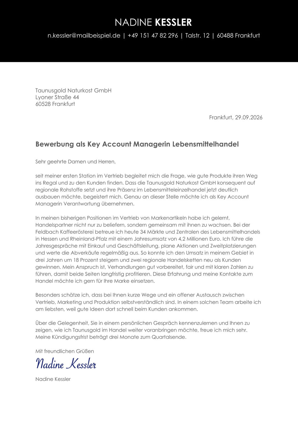 Arbeitsbeispiel einer Bewerbung als Key Account Managerin in Frankfurt (fiktive Person), Seite 2: Anschreiben