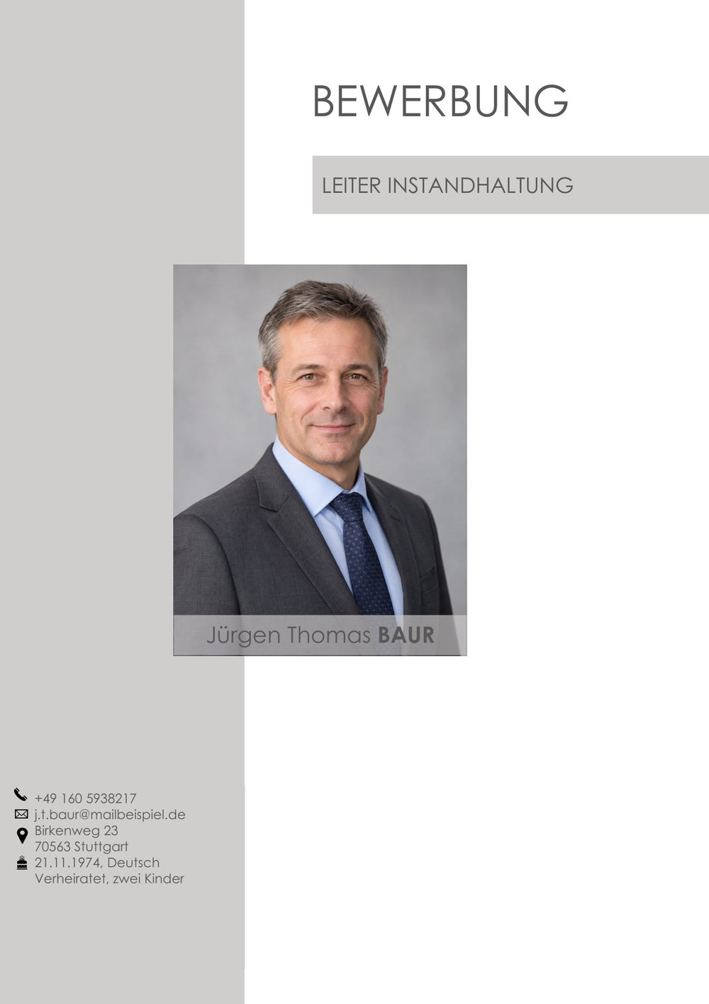 Arbeitsbeispiel einer Bewerbung als Leiter Instandhaltung in Stuttgart (fiktive Person), Seite 1: Deckblatt