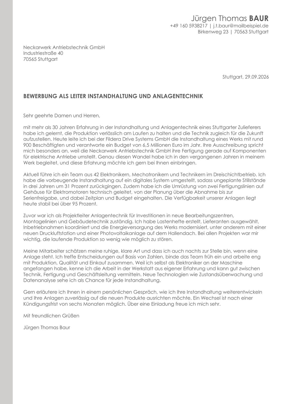 Arbeitsbeispiel einer Bewerbung als Leiter Instandhaltung in Stuttgart (fiktive Person), Seite 2: Anschreiben