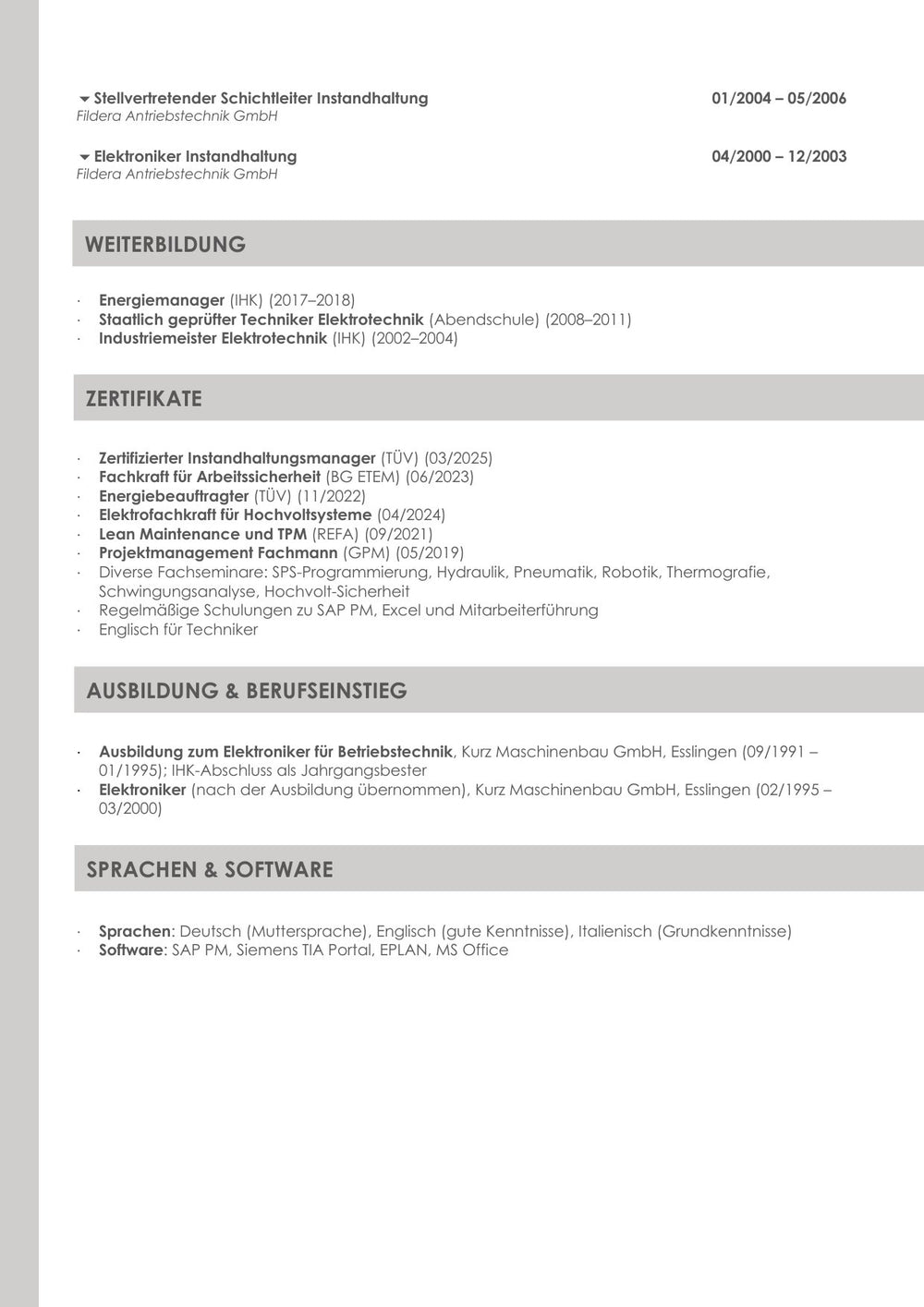 Arbeitsbeispiel einer Bewerbung als Leiter Instandhaltung in Stuttgart (fiktive Person), Seite 5: Lebenslauf, Fortsetzung, Weiterbildung und Zertifikate